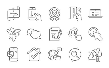 Target path, Insurance medal and Wind energy line icons set. Scroll down, Click here and Web lectures signs. Messenger, Contactless payment and Seo target symbols. Line icons set. Vector