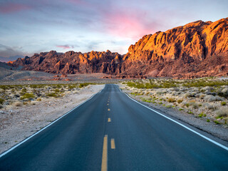 Road through the sandstone rock formations in the Valley of  Fire State Park located in Southern Nevada near Las Vegas.
