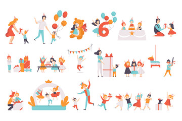 Obraz premium Cute Children Celebrating Birthday Set, Kids Having Fun at Party, Parents Giving Gifts to Sons and Daughters Cartoon Vector Illustration