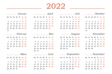 2022 year Calendar in German. Horizontal Vector editable template. Simple and clean design	