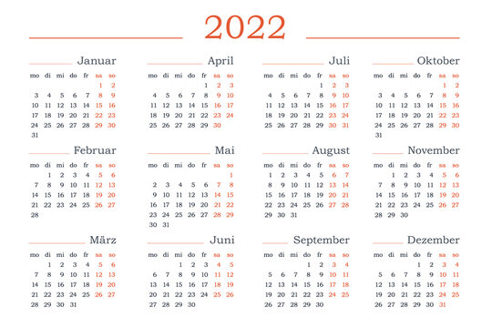 2022 year Calendar in German. Horizontal Vector editable template. Simple and clean design	