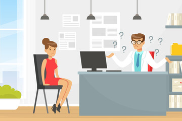 Doctor Consulting Patient with Unknown Diagnosis, Confused Doctor Shrugging Shoulders Vector Illustration