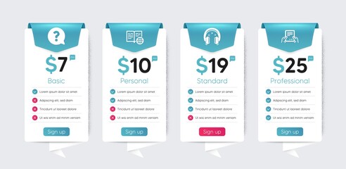 Included icon as Question mark, Headphones, Internet book signs. Price table template, business plan chart. Education icons set. Receive file flat icons. Help support, Earphones, Web page. Vector
