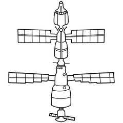 linear black and white image of a solar-powered space satellite.