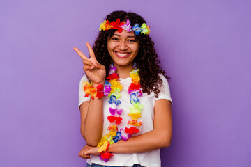 Young Hawaiian woman isolated on purple background showing number two with fingers.