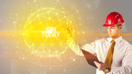 Handsome businessman with helmet drawing