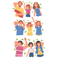 Lying People Set, View from Above of Happy Families Lying on Isolated White Background and Looking Up Vector Illustration