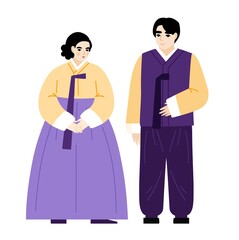 Korean man and woman in national clothes. Woman wearing hanbok. Asian couple in traditional dress, authentic clothes. South Korea. Trendy flat hand-drawn illustration.