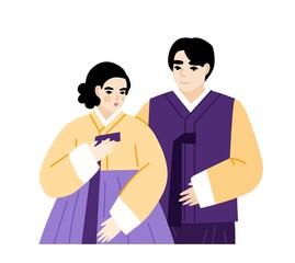 Family portrait of koreans wearing hanbok. Korean national dress, traditional costume. Asian man and woman in authentic clothes. Flat hand-drawn illustration.