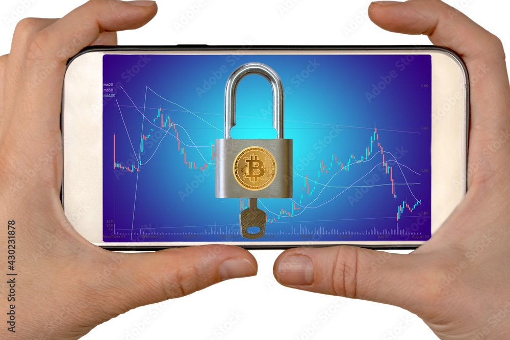 Poster bitcoins and new virtual money concept.gold bitcoins with candle stick graph chart and digital backg