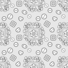 Seamless pattern with textile ruffles and sewing buttons. Creative classes, hand made. Vector Background