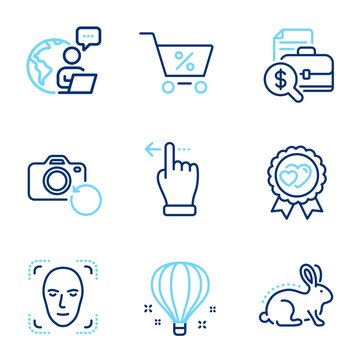 Business icons set. Included icon as Accounting report, Special offer, Love award signs. Recovery photo, Animal tested, Touchscreen gesture symbols. Face detection, Air balloon line icons. Vector