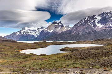 Vlies Fototapete Cuernos del Paine Sarmiento lagoon, Torres del Paine National Park, Chile, South America.