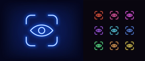 Neon eye identify icon. Glowing neon eye scanner sign, outline iris recognition pictogram