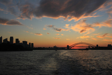 Skyline of Sydney at sunset.