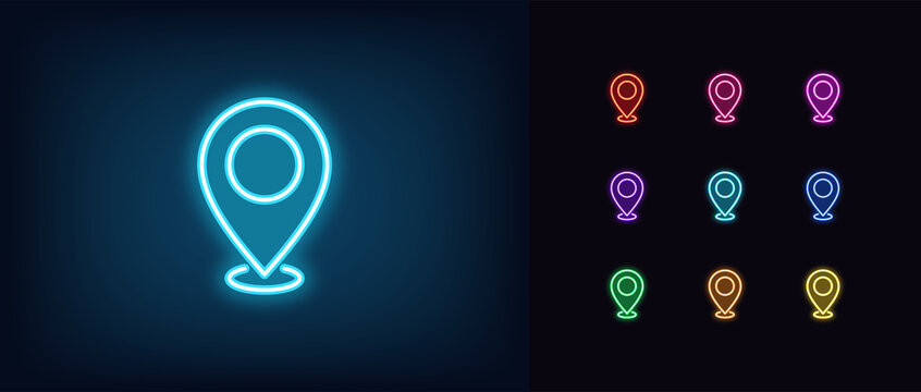 Neon map pin icon. Glowing neon marker sign, outline pointer pictogram