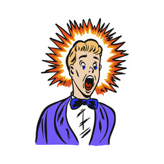 Wow pop art male face. Surprised happy young man in suit, bow tie and glasses with open mouth rises hands screaming announcement. Vector illustration in retro comic style. Party invitation poster.