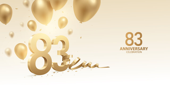 83rd Anniversary celebration background. 3D Golden numbers with bent ribbon, confetti and balloons.