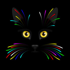 Black cat's face with yellow eyes and bright shining colored vibrissae