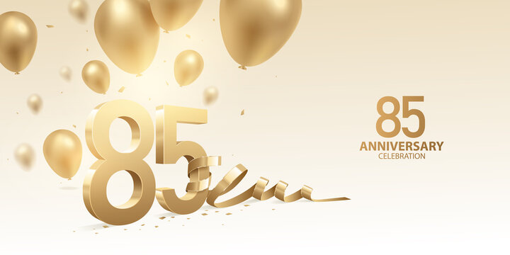 85th Anniversary celebration background. 3D Golden numbers with bent ribbon, confetti and balloons.
