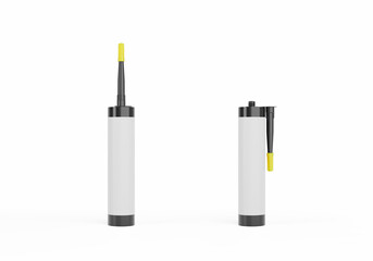 Black silicone container tube with yellow nozzle cap, blank label, isolated on white background.