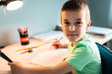 Boy sitting at the desk doing homework at home.