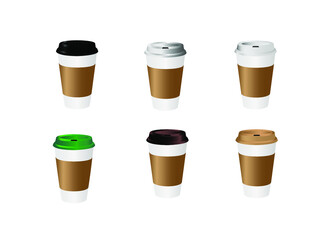 Takeaway Hot coffee cup, Can be any kind of hot drink like Hot green tea latte, Hot latte coffee or Cappuccino in white paper cup with multicolors lid and shadow iin white background