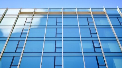 Modern office building detail, glass surface on a clear sky background. Transparent glass wall of office building.  