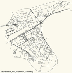 Black simple detailed street roads map on vintage beige background of the neighbourhood Riederwald city district of the Ost urban district (ortsbezirk) of Frankfurt am Main, Germany
