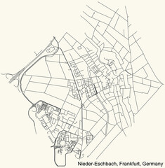 Black simple detailed street roads map on vintage beige background of the neighbourhood Nieder-Eschbach district (ortsbezirk) of Frankfurt am Main, Germany