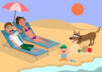 Obraz na płótnie Canvas family on holiday, cartoon characters in hot weather man sweating, woman sunbathing, baby playing in sand, dog digging, funny vector illustration