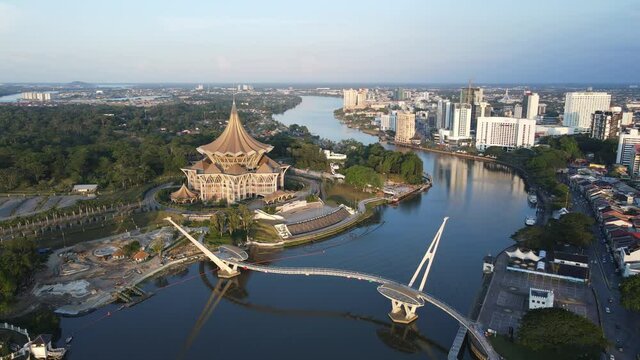 Kuching, Sarawak Malaysia - April 26 2021: The buildings, landmarks and scenery of Kuching city, capital of Sarawak, Borneo island. 