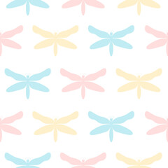 Fototapeta na wymiar Seamless vector pattern with cute colorful dragonfly isolated on white background. Funny hand drawn texture for kids room decor, nursery art, wrapping paper, textile, print, fabric, wallpaper, gift.