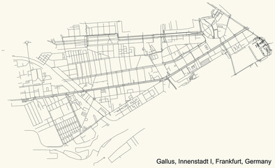Black simple detailed street roads map on vintage beige background of the neighbourhood Gallus city district of the Innenstadt I urban district (ortsbezirk) of Frankfurt am Main, Germany