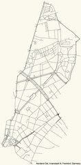 Black simple detailed street roads map on vintage beige background of the neighbourhood Nordend-Ost city district of the Innenstadt III urban district (ortsbezirk) of Frankfurt am Main, Germany