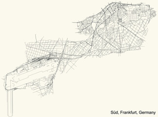 Black simple detailed street roads map on vintage beige background of the neighbourhood Süd district (ortsbezirk) of Frankfurt am Main, Germany