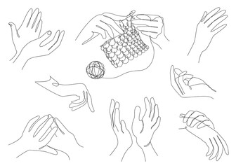 Collection. Silhouettes of human palms in a modern one line style. Clap their hands, knit, crochet. Solid line, aesthetic outline for decor, posters, stickers, logo. Set of vector illustrations.