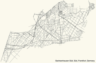 Black simple detailed street roads map on vintage beige background of the neighbourhood Sachsenhausen-Süd city district of the Süd urban district (ortsbezirk) of Frankfurt am Main, Germany