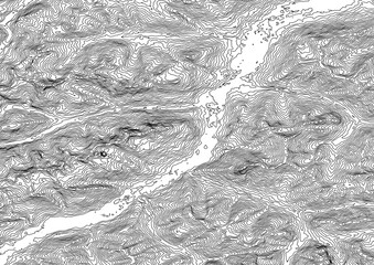 An black and white Topographic map lines 50 m, level curves, contour, terrain path, travel background. Geographic abstract grid. Vector illustration