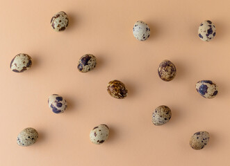 Set of small quail on cream color background. Top view. Backgrounds and patterns.