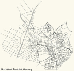 Fototapeta na wymiar Black simple detailed street roads map on vintage beige background of the neighbourhood Nord-West district (ortsbezirk) of Frankfurt am Main, Germany