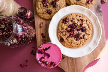 tray of rose petal chocolate chip cookie with rose milk