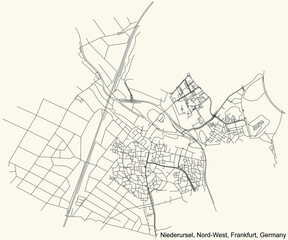 Black simple detailed street roads map on vintage beige background of the neighbourhood Niederursel city district of the Nord-West urban district (ortsbezirk) of Frankfurt am Main, Germany