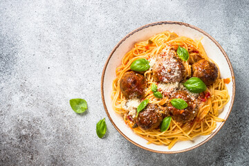 Pasta with Meatballs in tomato sauce top view.