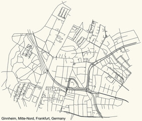 Black simple detailed street roads map on vintage beige background of the neighbourhood Ginnheim city district of the Mitte-Nord urban district (ortsbezirk) of Frankfurt am Main, Germany