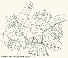Obraz premium Black simple detailed street roads map on vintage beige background of the neighbourhood Ginnheim city district of the Mitte-Nord urban district (ortsbezirk) of Frankfurt am Main, Germany