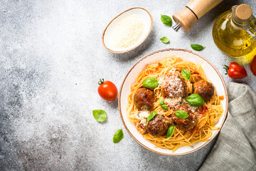 Pasta with Meatballs in tomato sauce top view.