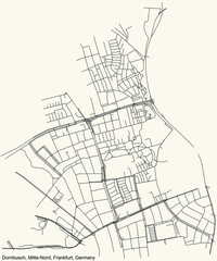 Black simple detailed street roads map on vintage beige background of the neighbourhood Dornbusch city district of the Mitte-Nord urban district (ortsbezirk) of Frankfurt am Main, Germany