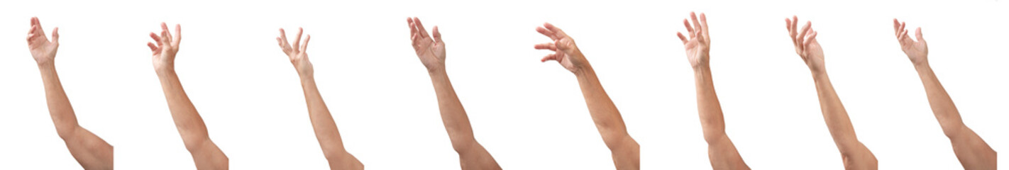 Eight different views of a lady's hand and arm throwing, catching, waving, etc.  Isolated on white for easy extraction. - obrazy, fototapety, plakaty