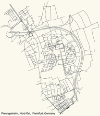 Black simple detailed street roads map on vintage beige background of the neighbourhood Preungesheim city district of the Nord-Ost urban district (ortsbezirk) of Frankfurt am Main, Germany